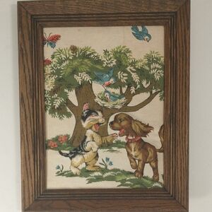 Cat & Dog Playing 1967 Artwork Adorable Vintage Wall Hanging 60s Vintage vr Cute